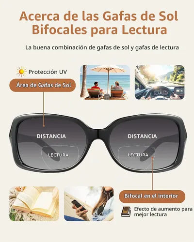 Vista 3 de JM Gafas de Lectura Bifocales Clásicas Rectangulares Elegantes Gafas de Sol Lectoras para Mujeres Todo Negro +1.25