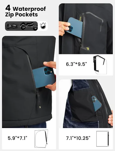 Vista 4 de TBMPOY Chaquetas de esquí para hombre, impermeables, para nieve, forro polar grueso, con capucha, para clima frío, cálido, trabajo en hielo al aire