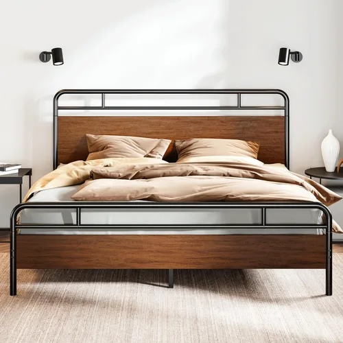 Vista 11 de SHA CERLIN Base de cama tamaño completo con cabecera de madera industrial vintage, plataforma de metal resistente con almacenamiento debajo