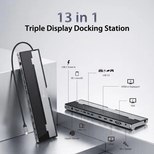 Vista 2 de Estación de acoplamiento USB C de j5create: Soporta hasta 3 pantallas simultáneamente HDMI, DisplayPort, VGA, carga rápida PD de 100 W, Gigabit