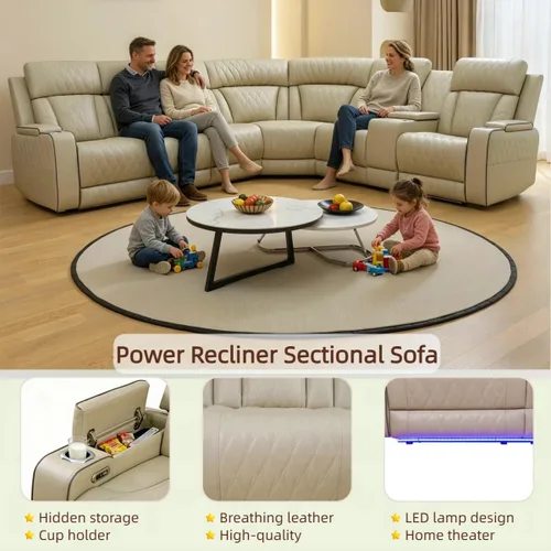 Vista 5 de Juego de sofá seccional reclinable de cuero, sofá seccional con 4 sillones reclinables Juegos de muebles de sala con 3 reclinables, luz LED