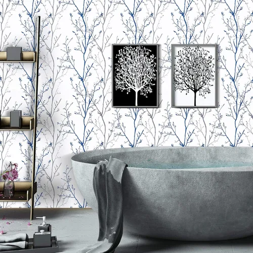 Vista 2 de Papel de contacto para despegar y pegar ramas de árbol, color gris y azul, 17.7 x 118 pulgadas, papel tapiz moderno de ramas de árbol extraíble
