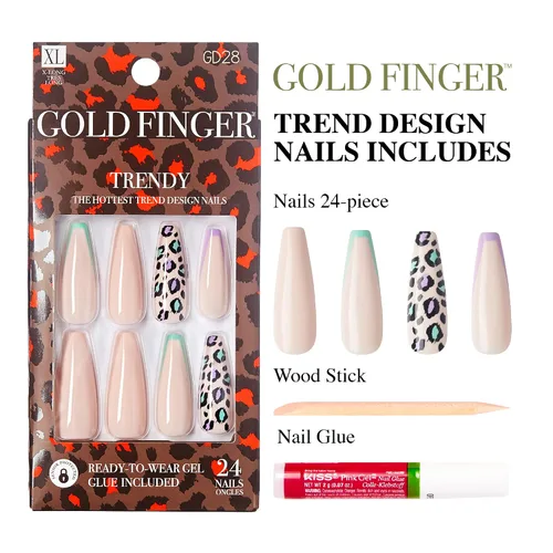 Vista 7 de Gold Finger - Kit de uñas postizas de cobertura completa con pegamento, diseño moderno, gel listo para usar, uñas medianas, largas y extralargas