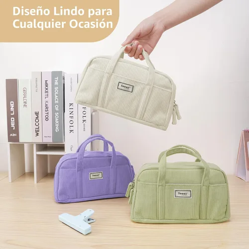 Vista 7 de Sooez Estuche grande para lápices, extra grande con 5 compartimentos, bolsa para bolígrafos de amplia apertura, organizador de pana suave con Beige