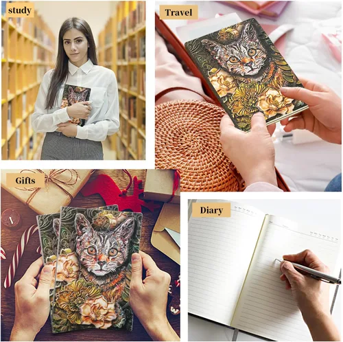 Vista 7 de Cuaderno vintage de piel con relieve 3D de gato, diario de viaje A5 con bolígrafo y recambio de bolígrafo, funda para bolígrafo, bloc de notas