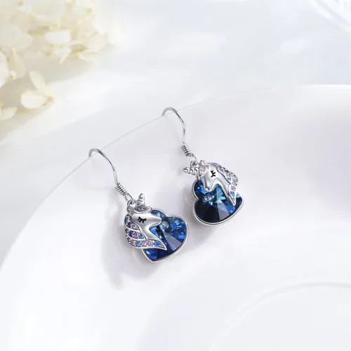 Vista 4 de Aretes de unicornio de plata de ley 925, hipoalergénicos, aretes colgantes de cristal azul, joyería de regalo de unicornio para mujeres y niñas