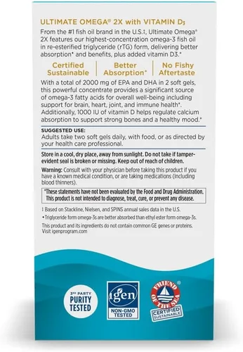 Vista 7 de Nordic Naturals Ultimate Omega 2X con vitamina D3, sabor a limón, 60 geles blandos, 2150 mg de omega-3 + 1000 UI D3, aceite de pescado omega-3, EPA