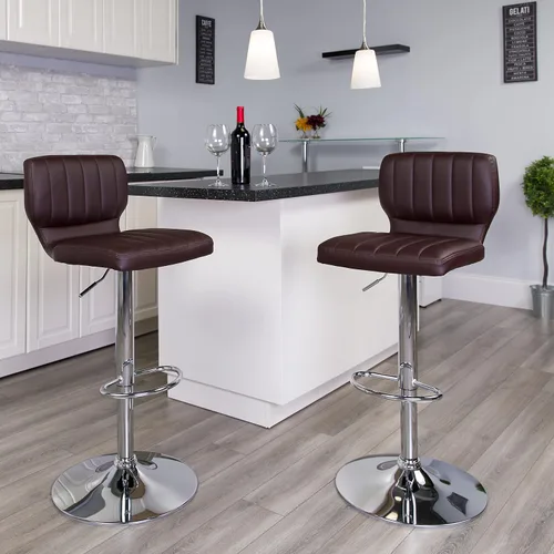 Vista 2 de Flash Furniture Taburete de bar de altura ajustable de vinilo marrón contemporáneo con respaldo vertical y base cromada