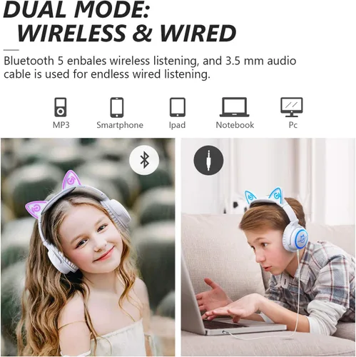 Vista 3 de Auriculares para niños, auriculares con orejas de gato con cable e inalámbricos, luces LED, auriculares Bluetooth inalámbricos plegables