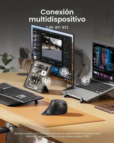 Vista 3 de ProtoArc Ratón ergonómico, EM11 NL Bluetooth recargable inalámbrico vertical, conectividad para 3 dispositivos múltiples para ordenador/PC/portátil