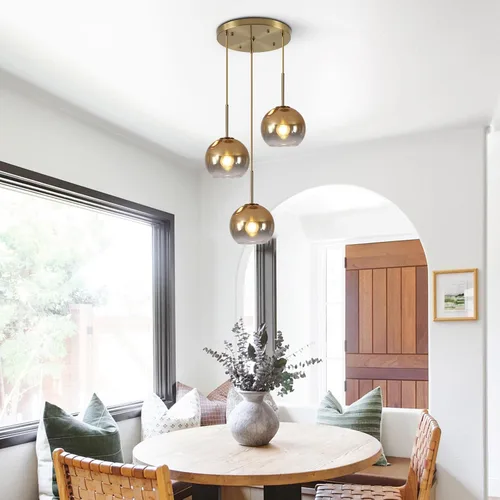 Vista 5 de KCO Iluminación - Lámpara colgante de 3 luces con globos en grupo, candelabro de cristal moderno, lámpara colgante de cristal dorado de 3 luces