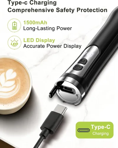 Vista 3 de Espumador de leche recargable de mano, espumador de café impermeable IP67 con pantalla digital de batería, espumador de leche eléctrico de 3