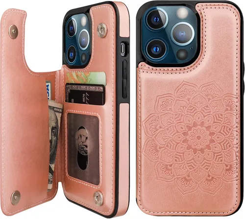 Vista 11 de Vaburs Funda compatible con iPhone 13 Pro con tarjetero y diseño de mandala en relieve, de piel sintética, doble botones, a prueba de golpes