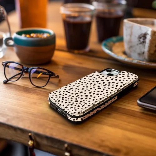 Vista 3 de uCOLOR - Funda tipo cartera para iPhone 15 con tarjetero y diseño de lunares con leche de almendra Bloqueo RFID de piel sintética para mujeres