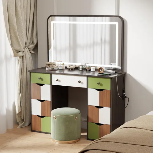 Vista 7 de wanan Escritorio de maquillaje con espejo y luces, mesa de tocador de madera con toma de corriente, escritorio de maquillaje bohemio elegante con 7
