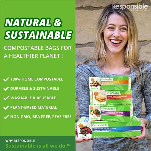 Vista 5 de Responsible Products Bolsa con cremallera resellable de gran galón compostable certificada, bolsas de alimentos extra resistentes, hechas