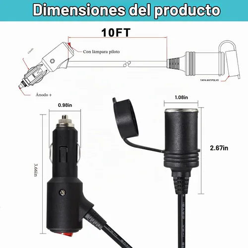 Vista 2 de Cable de extensión de encendedor de cigarrillos CC de 10 pies y 12 voltios con interruptor de encendido y apagado, cable de extensión de carga