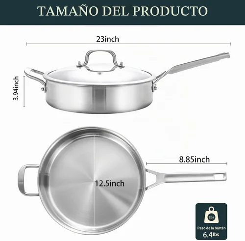 Vista 3 de Yeksum Sartén de acero inoxidable de tres capas, 7 cuartos de galón, sartén de 12 pulgadas de profundidad con tapas, sartén grande de 3 capas