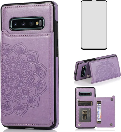Vista 11 de Asuwish Funda compatible con Samsung Galaxy S10 y protector de pantalla de vidrio templado, accesorios para tarjetero con ranura para soporte