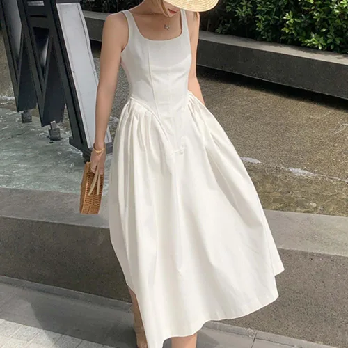 Vista 6 de PHILISENMALL Vestido de verano sin mangas para mujer, estilo francés, elegante, vestido de fiesta de noche, color puro, falda larga para fiesta