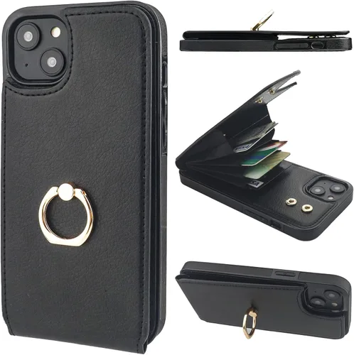Vista 31 de Folosu Funda tipo billetera compatible con iPhone 14 con soporte para tarjetas, soporte de anillo para dedo con rotación de 360° y función atril