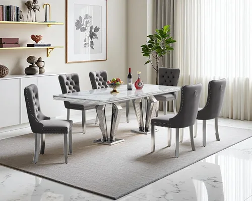 Vista 12 de Juego de mesa de comedor de mármol sintético, 7 piezas, juego de mesa de cocina y comedor para 6, mesa de comedor rectangular blanca de 70 pulgadas