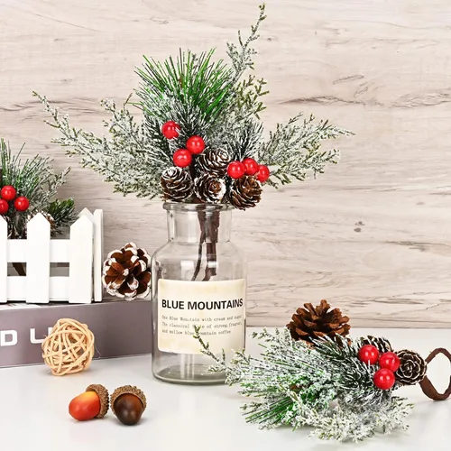 Vista 5 de 12 servilleteros de Navidad, servilleteros de pino nevado con bayas rojas, hebilla de servilleta de bayas para Navidad, boda, cena, mesa, reunión
