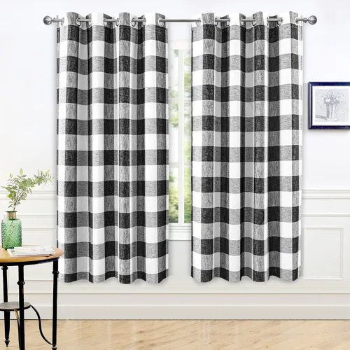 Vista 28 de Cortinas de cuadros de búfalo DriftAway a cuadros negro y blanco extralargas con tratamiento ojo de sargento para dormitorio y sala de estar