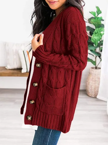 Vista 4 de PRETTYGARDEN Suéteres de mujer con frente abierto, cárdigan de otoño, moda de invierno, con botones, de punto trenzado, grueso, ropa exterior