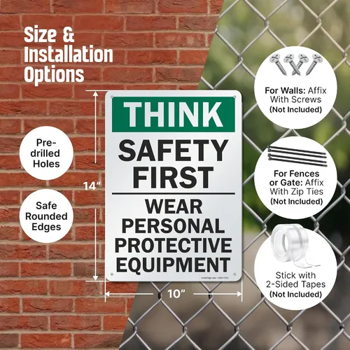 Vista 6 de SmartSign - S-2917-AL-14 Letrero "Think Safety First - Use equipo de protección personal" Aluminio de 10" x 14" Aluminio 10" x 14" Aluminio