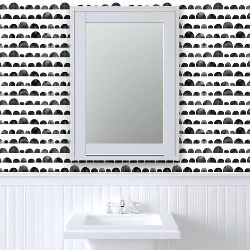 Vista 9 de Spoonflower Circles Black Ink Pre-Pasted Removable Wallpaper Roll 24" x 36" Modern White Scallops Self-adhesive, removable and renter-friendly