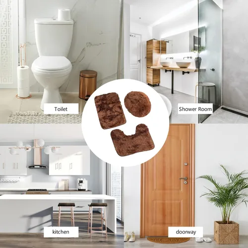 Vista 4 de Juego de alfombras de baño de 3 piezas, alfombra de baño ultra suave antideslizante, alfombra de baño de felpilla absorbente, alfombra lavable, Café