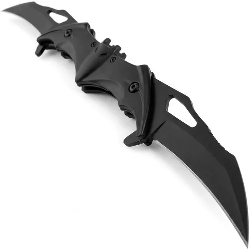 Vista 4 de Navaja de bolsillo de doble hoja estilo murciélago - 11" Cuchillo táctico plegable con resorte de apertura asistida (Negro/Negro)