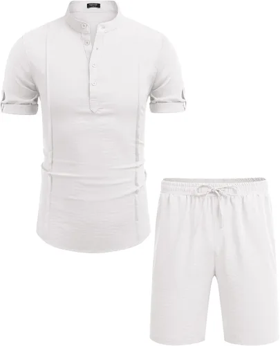 Vista 5 de COOFANDY Conjunto de lino de 2 piezas para hombre, camisa Henley, manga corta y pantalones cortos, trajes a juego para yoga y playa