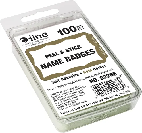 Vista 2 de C-Line Insignias de nombre sensibles a la presión, borde dorado, 3.5 x 2.25 pulgadas, 100 por caja (92266)