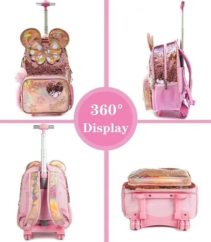Vista 3 de Mochila con ruedas para niñas mochila escolar con fiambrera para estudiantes de primaria ruedas y equipaje 05 3pcs Rolling Backpack