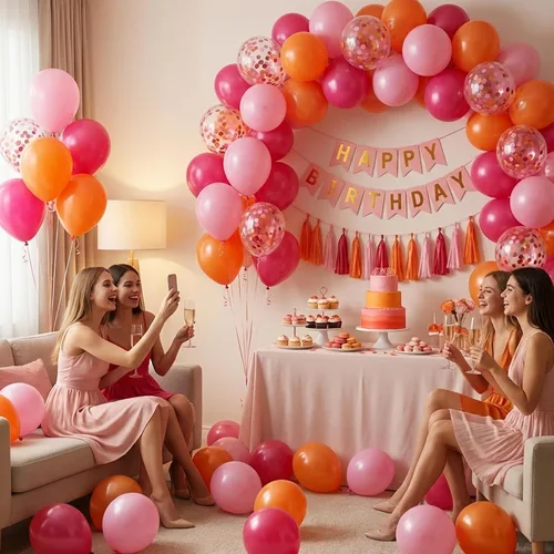 Vista 5 de Globos rosa y naranja, 55 globos de color rosa claro de 12 pulgadas, globos de confeti rosa y naranja para baby shower, cumpleaños, boda
