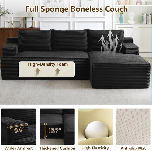 Vista 6 de Sofá seccional Cloud de 96 pulgadas, sofá deshuesado para sala de estar, sofá modular con asiento profundo, sofá de pana cómodo y esponjoso con Negro