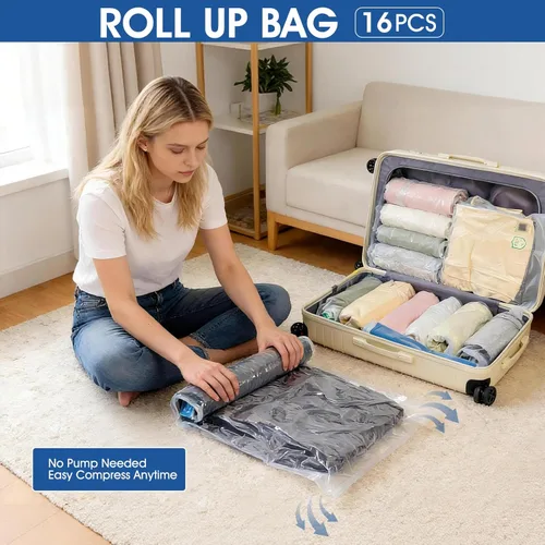 Vista 5 de AROIC 50 Bolsas de Almacenamiento al Vacío, 5 Tamaños + 2 Enrollables (8 Cada Una) Bolsas de Sellado al Vacío para Ahorro de Espacio para Ropa con 1