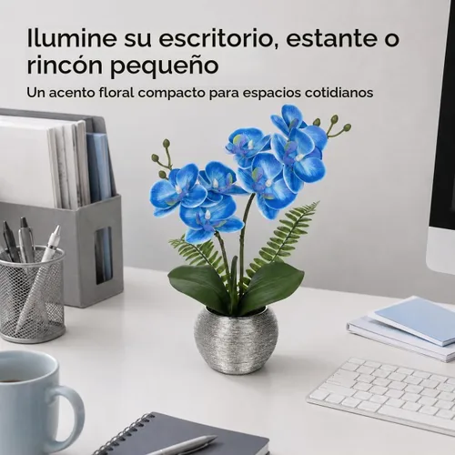 Vista 3 de Briful Pequeñas flores artificiales de orquídeas artificiales de 13 pulgadas en maceta de cerámica plateada, arreglo de orquídeas artificiales