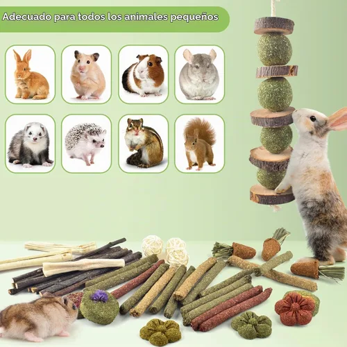 Vista 5 de ERKOON 42 juguetes masticables de conejo, pasteles de hierba de Timothy natural, juguetes de conejillo de indias, golosinas para moler dientes