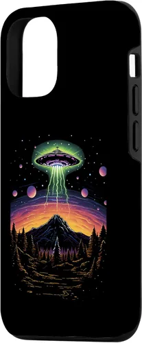 Vista 2 de iPhone 14 colorido OVNI Bright Mountain Lake Camping Alien Visitors Case