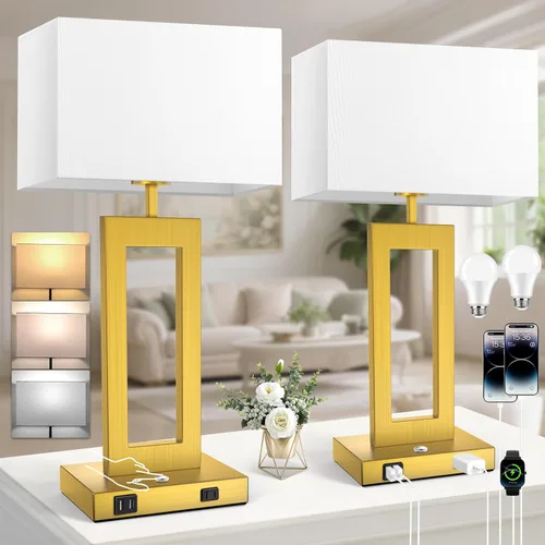Vista 9 de Kondras Juego de 2 lámparas de mesa para dormitorios, 3 temperaturas de color, control táctil, lámparas de noche con 2 puertos USB y salida de CA