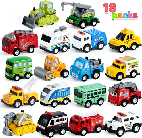 Vista 2 de JOYIN Juego de 18 autos de tracción hacia atrás y 18 piezas de juguete de goma suave, mini vehículos de juguete, auto para niños pequeños, recuerdos