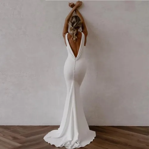 Vista 3 de SHANDUO - Vestido de novia con cuello en V, estilo bohemio, con tirantes delgados, sirena de satén, vestido de noche con cola