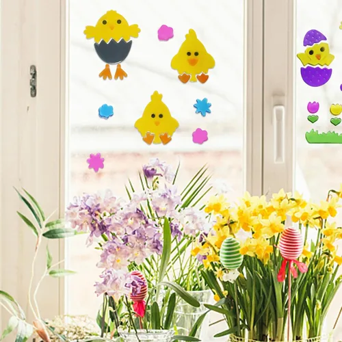 Vista 4 de 4 adhesivos de Pascua para ventanas de vidrio, adhesivos decorativos de gel de Pascua para niños, calcomanías de Pascua impresas coloridas