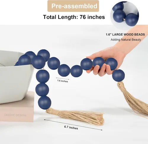Vista 150 de OMISHE Guirnalda de cuentas de madera extra grande con cuentas de madera y borlas de 1.6 pulgadas de diámetro, cuentas decorativas rústicas de 41