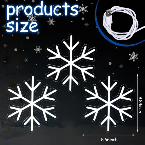 Vista 2 de ROCEEI 3 letreros de neón de copo de nieve, luces LED de copo de nieve, luces de neón de invierno, barra de pared para ventana, decoración de sala