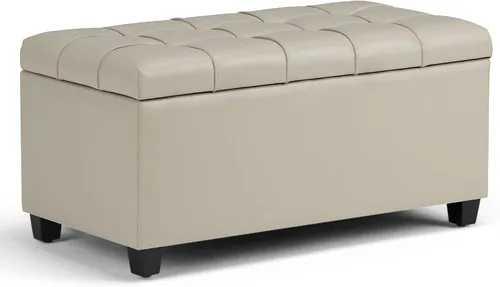 Vista 17 de SIMPLIHOME - Otomana Shiloh de cuero vegano de 48 pulgadas de ancho en color marrón castaño Otomana de transición con tapa capitoné y elevable