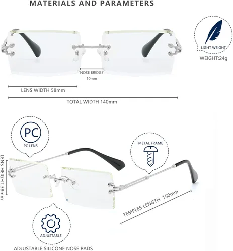 Vista 3 de LASPOR Gafas de sol plateadas rectangulares sin montura para hombres y mujeres de los años 90 y 2000 retro vintage cuadradas sin marco lentes
